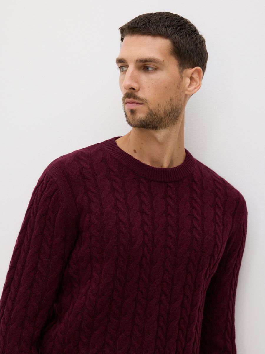 Vlnený sveter s vrkočovým vzorom - bordová - RESERVED