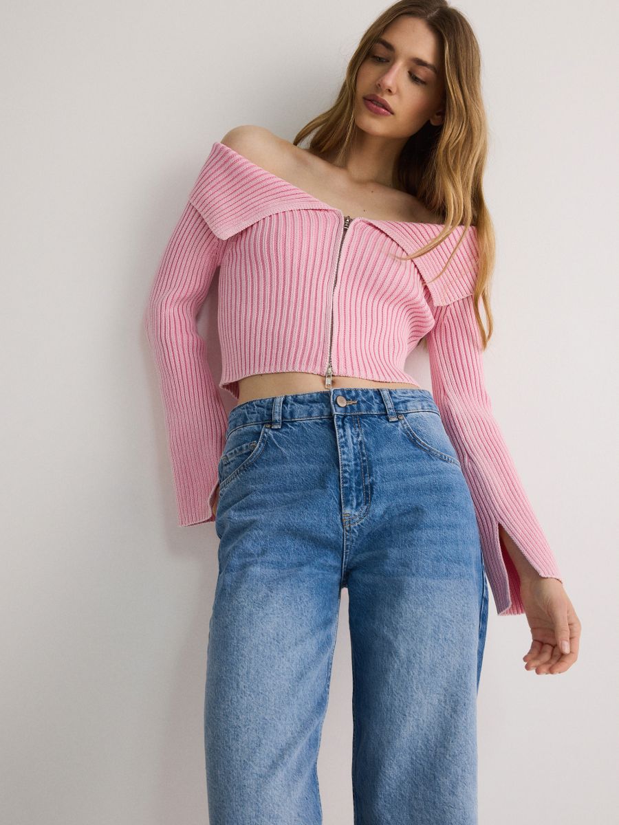 Cropped jumper with collar - pastel pink - RESERVED