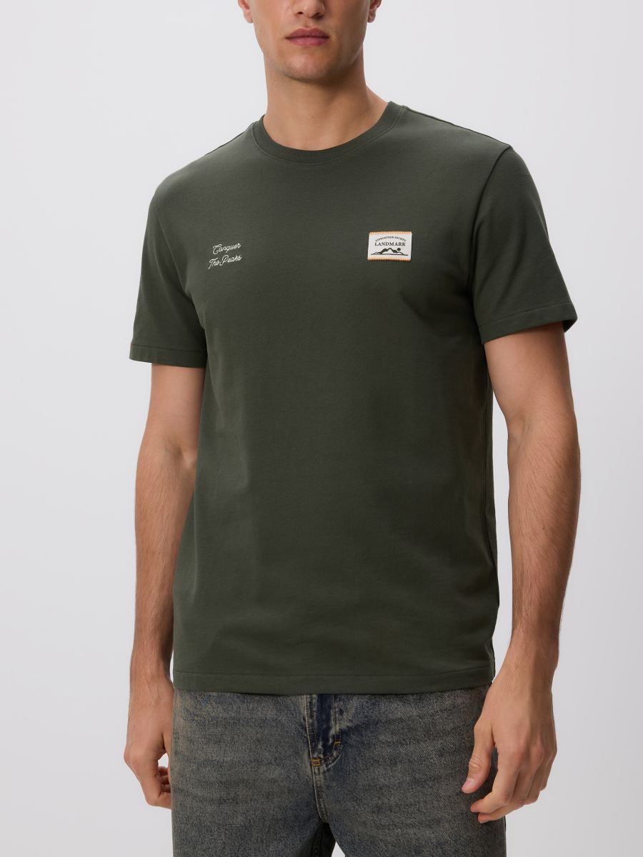 T-shirt i regular fit med broderi - matt grön - RESERVED