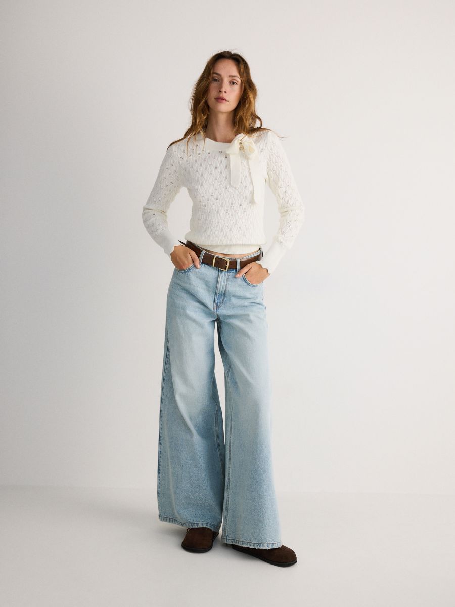 Openwork sweater with tie - cream - RESERVED - 3