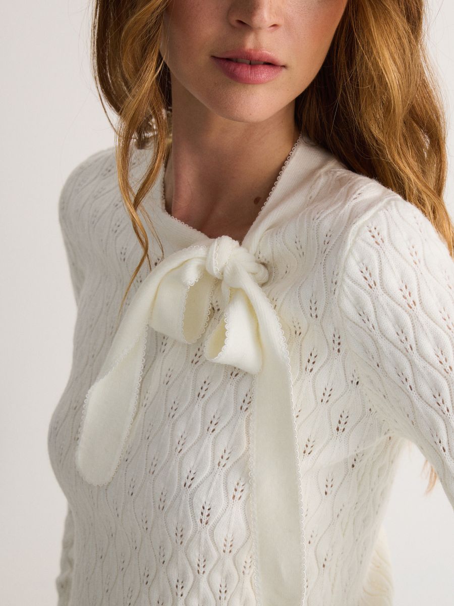 Openwork sweater with tie - cream - RESERVED - 2