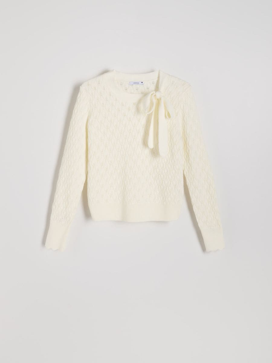 Openwork sweater with tie - cream - RESERVED - 5
