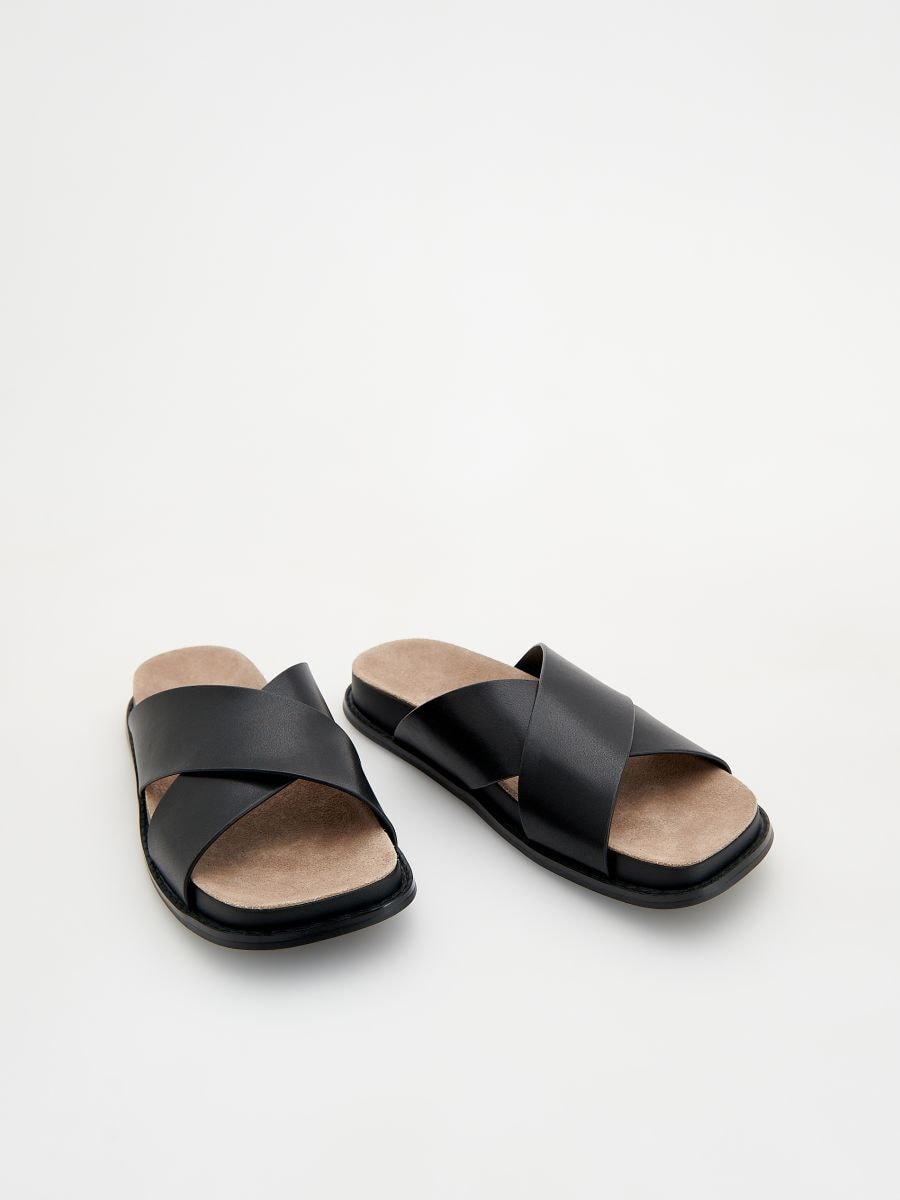 Sliders with leather rich straps - black - RESERVED - 2