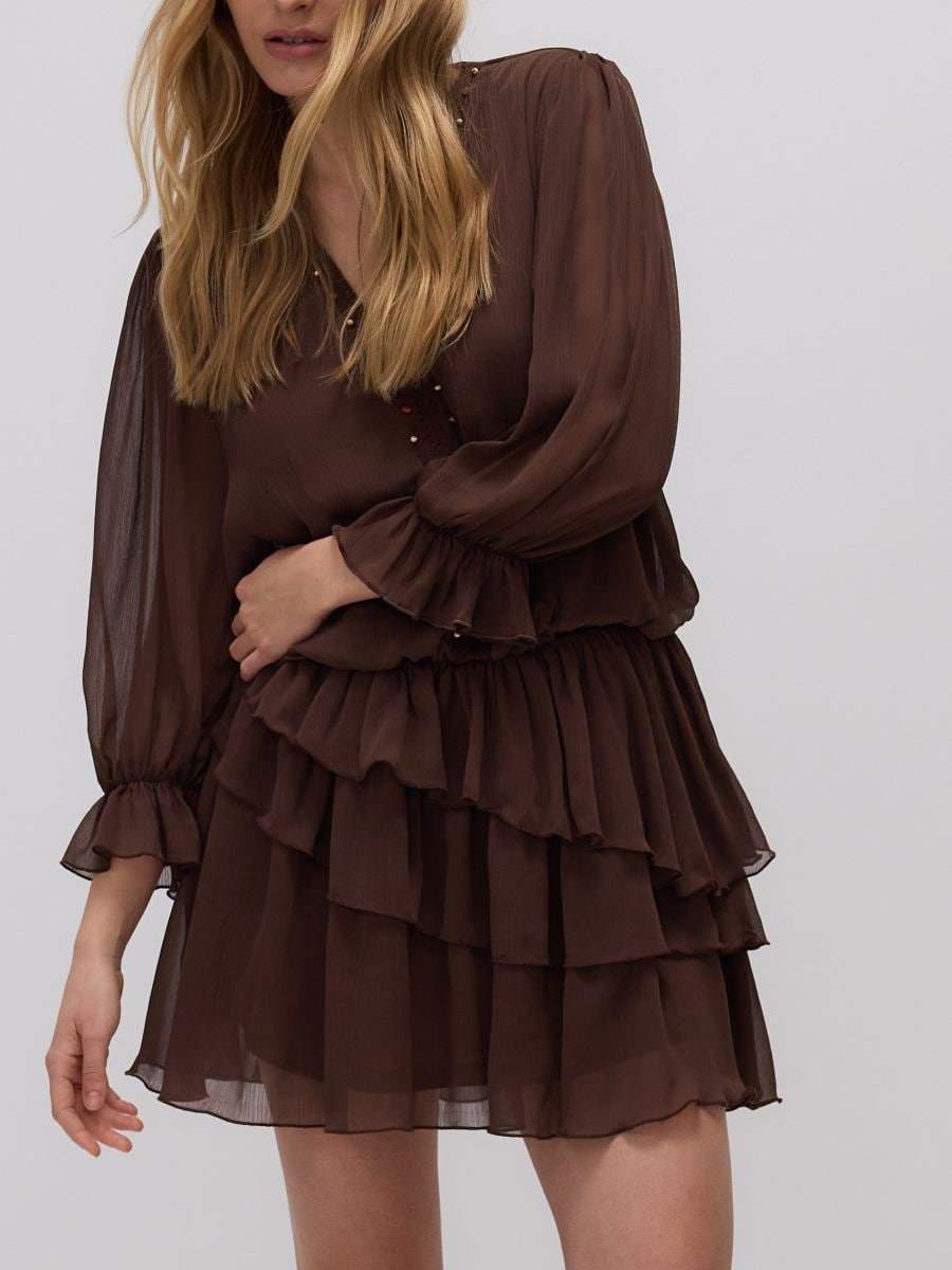 Mini dress with ruffle hem - brown - RESERVED - 3