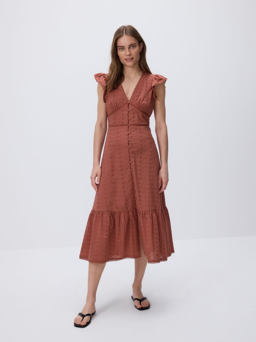 Kleid mit Rüschen und hohem Baumwollanteil - braun - RESERVED