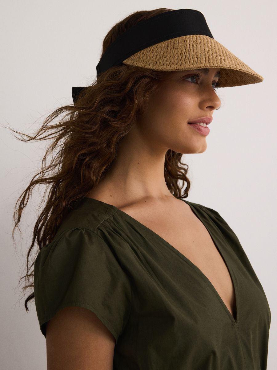 Woven visor cap with ribbon detail - wheat - RESERVED