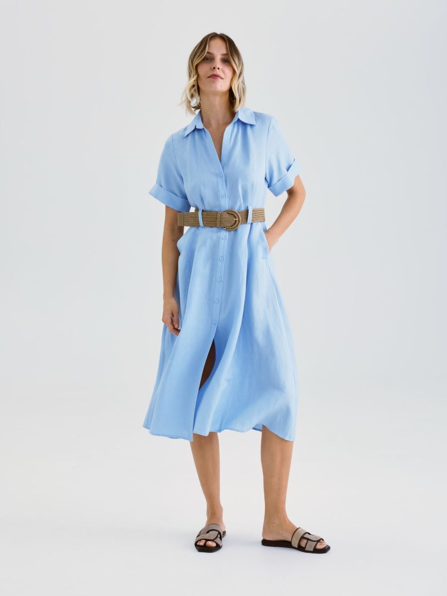 Midi dress with linen blend - light blue - RESERVED