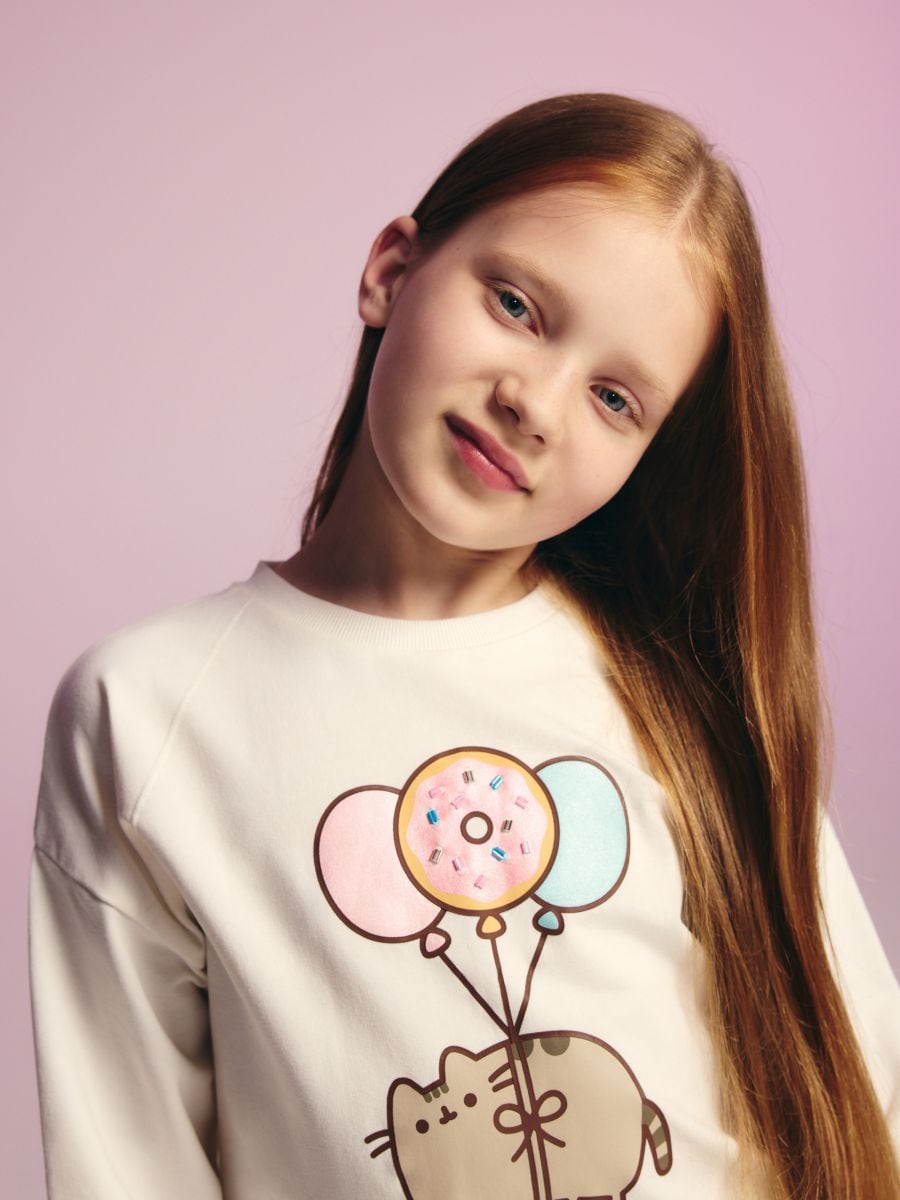 Bavlněné tričko s dlouhými rukávy Pusheen - krémová - RESERVED