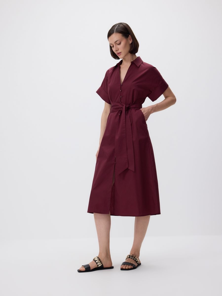 Shirt dress with belt - maroon - RESERVED