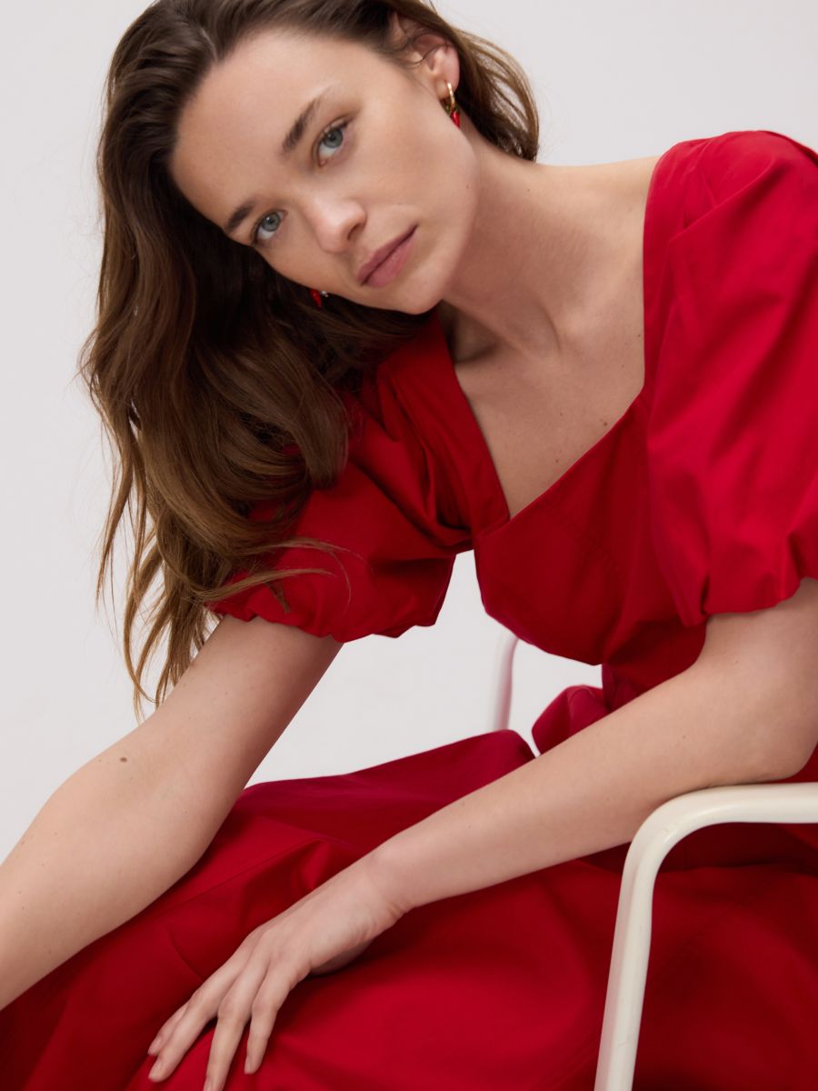 Midi dress with puff sleeves - red - RESERVED - 3