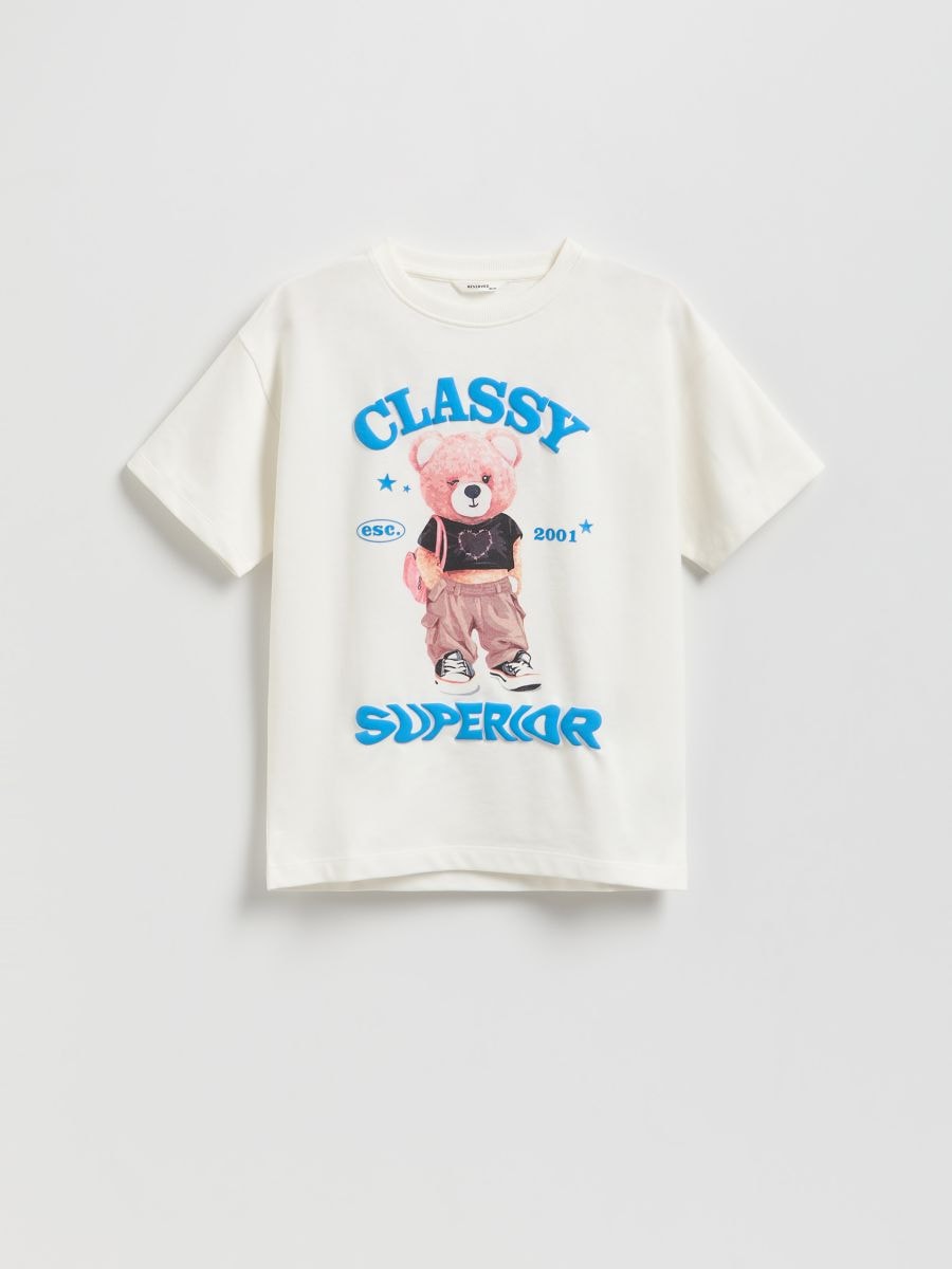 Cotton T-shirt with print - cream - RESERVED