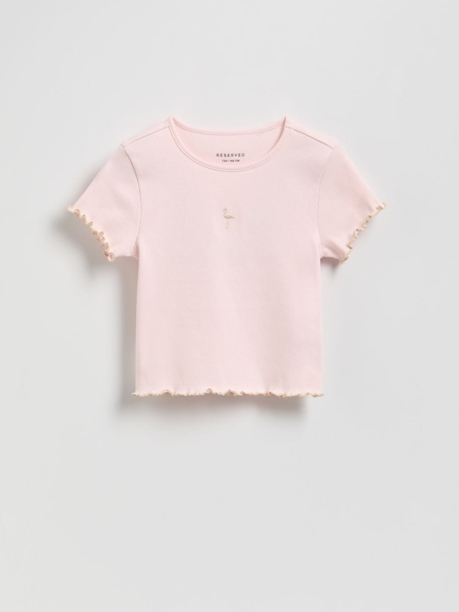 T-shirt en mailles côtelées et finition brodée - rose pastel - RESERVED