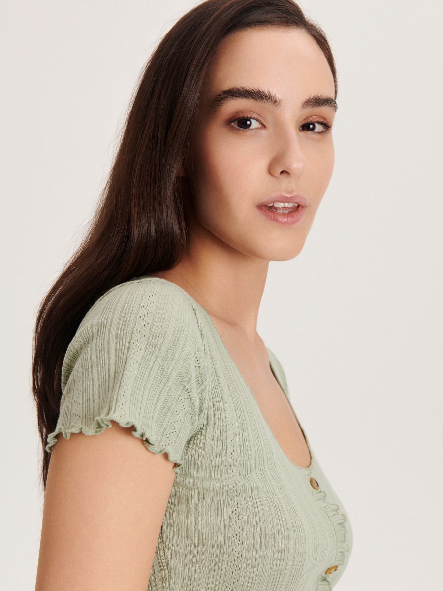 T-shirt WITH DECORATIVE BUTTONS - olive - RESERVED - 2