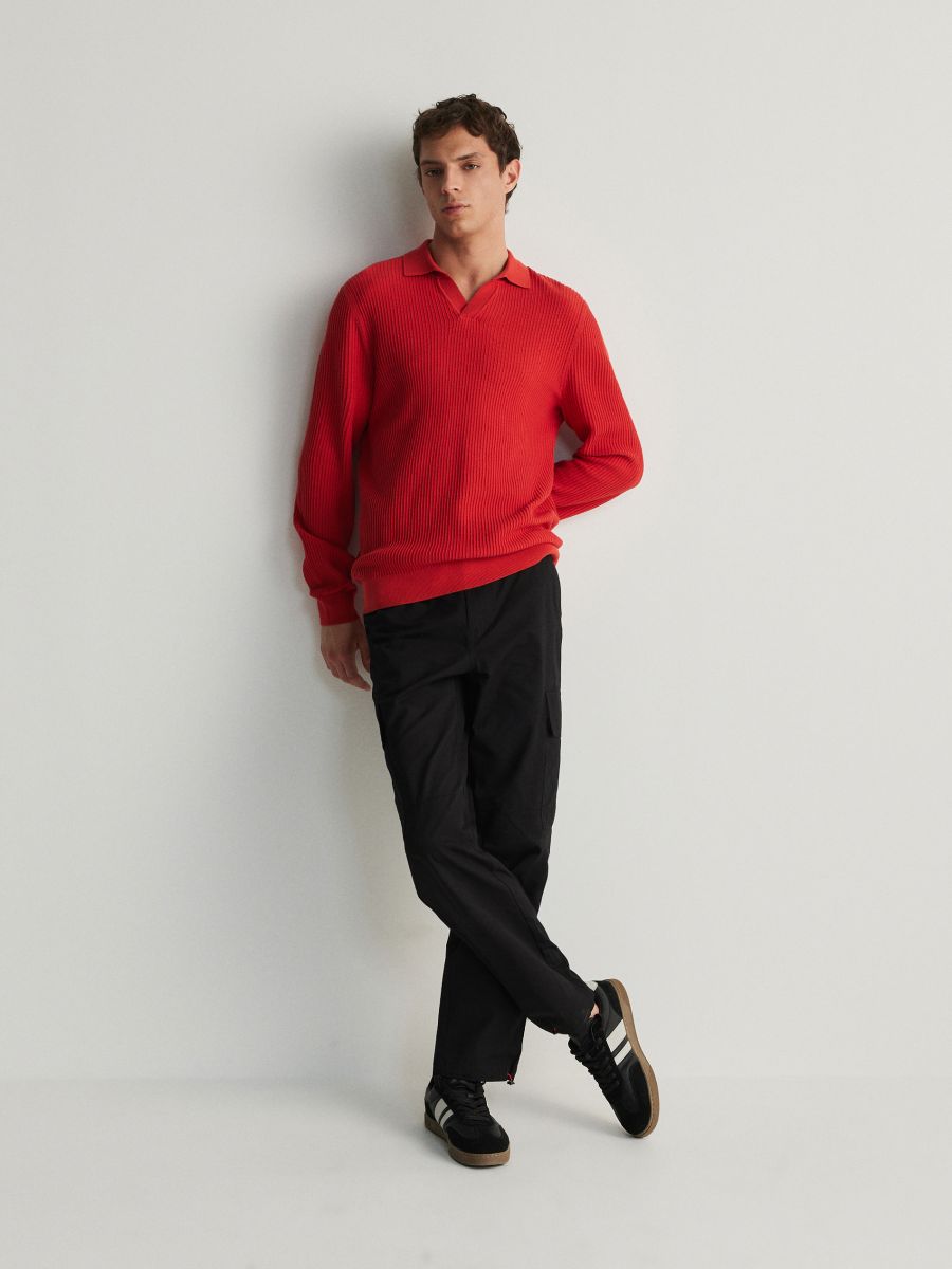 Cotton long sleeve polo shirt - red - RESERVED