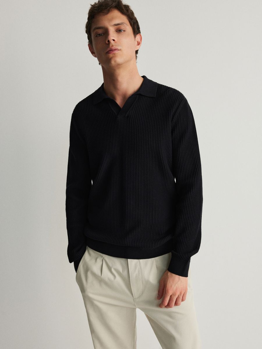 Cotton long sleeve polo shirt - black - RESERVED
