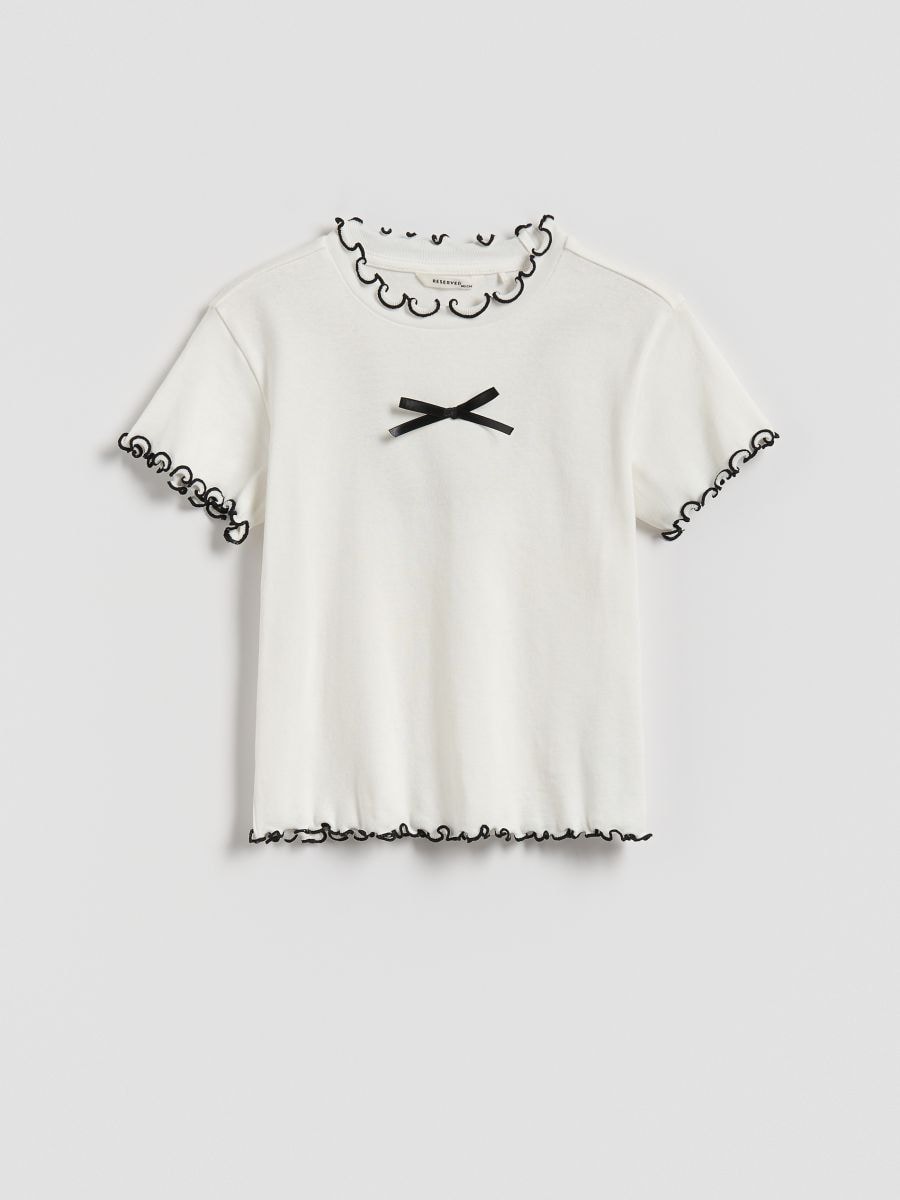 Cotton T-shirt with ruffle - cream - RESERVED