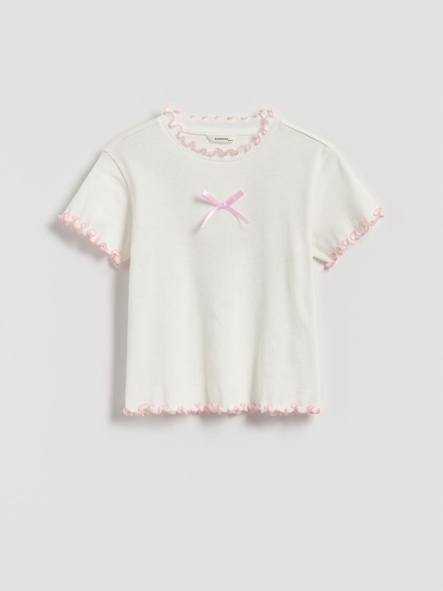 Cotton T-shirt with ruffle - pastel pink - RESERVED