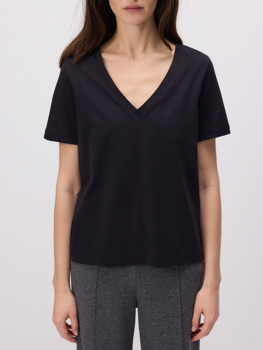 Tricou regular fit din bumbac mercerizat - negru - RESERVED