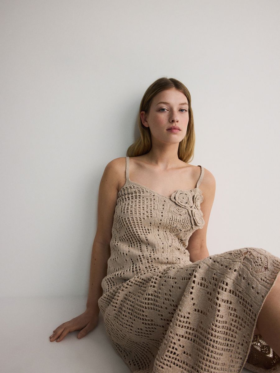 Opengewerkte midi-jurk - beige - RESERVED - 2
