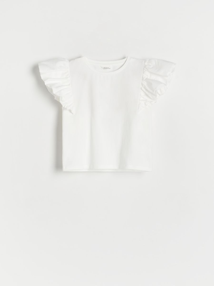 Cotton T-shirt with ruffle - cream - RESERVED