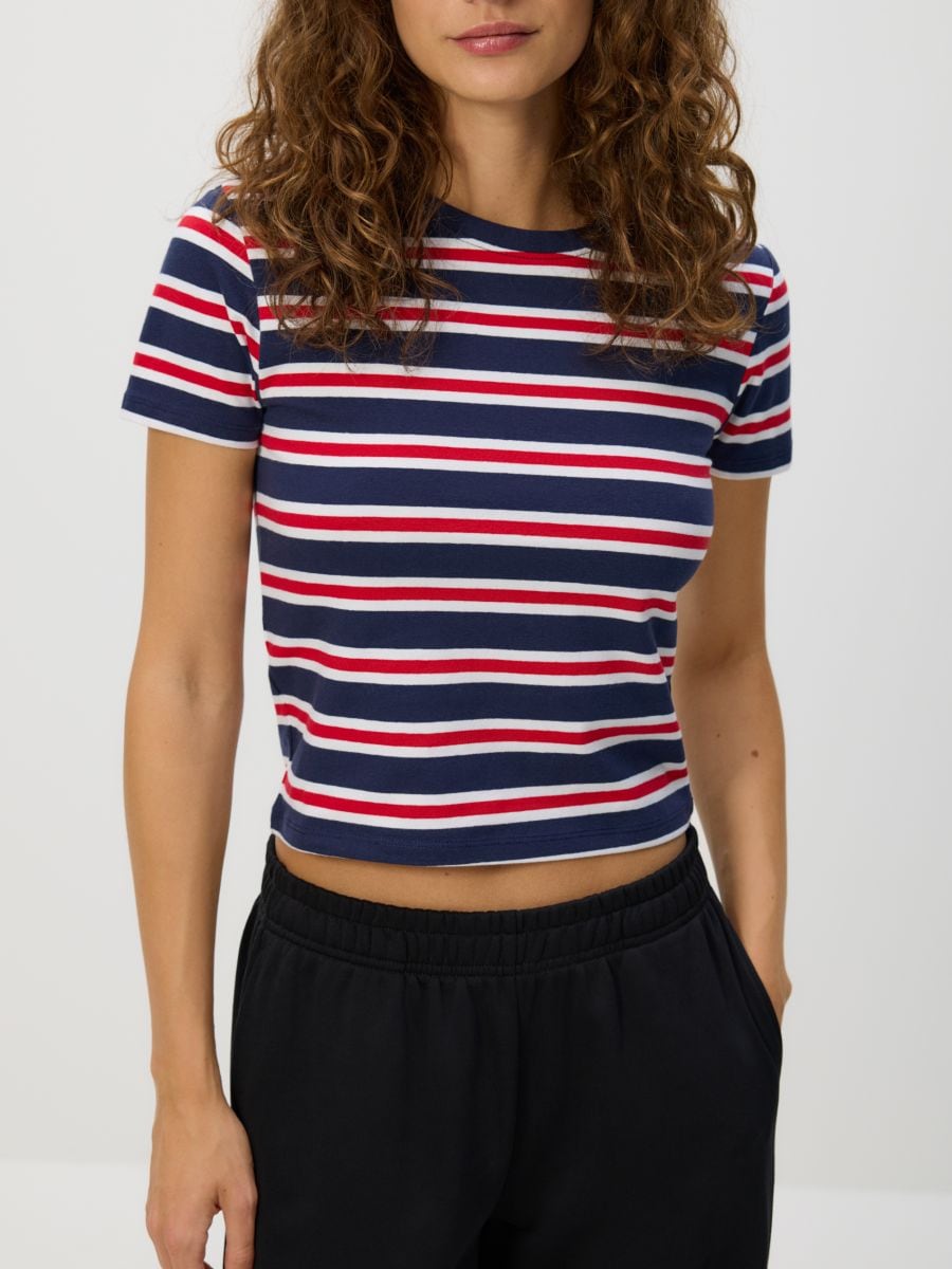 Cropped stripe T-shirt - navy - RESERVED