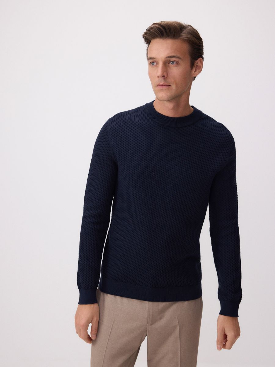 Pull en jersey de coton structuré - Marine - RESERVED - 2