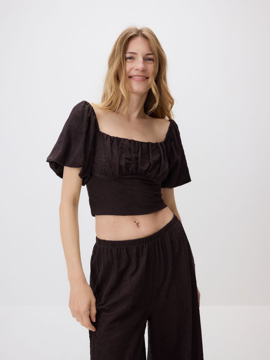 Gestickte Bluse - dunkelbraun - RESERVED