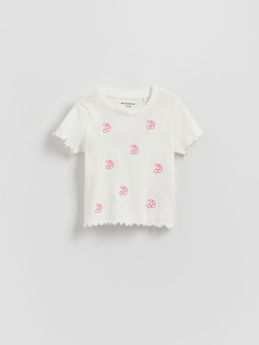 Ribstrikket t-shirt med broderede detaljer - creme - RESERVED