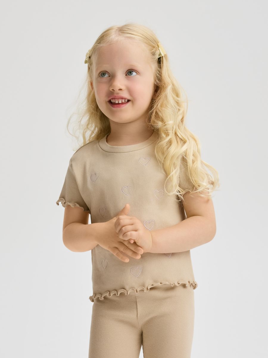 Rib knit T-shirt with embroidery detail - beige - RESERVED