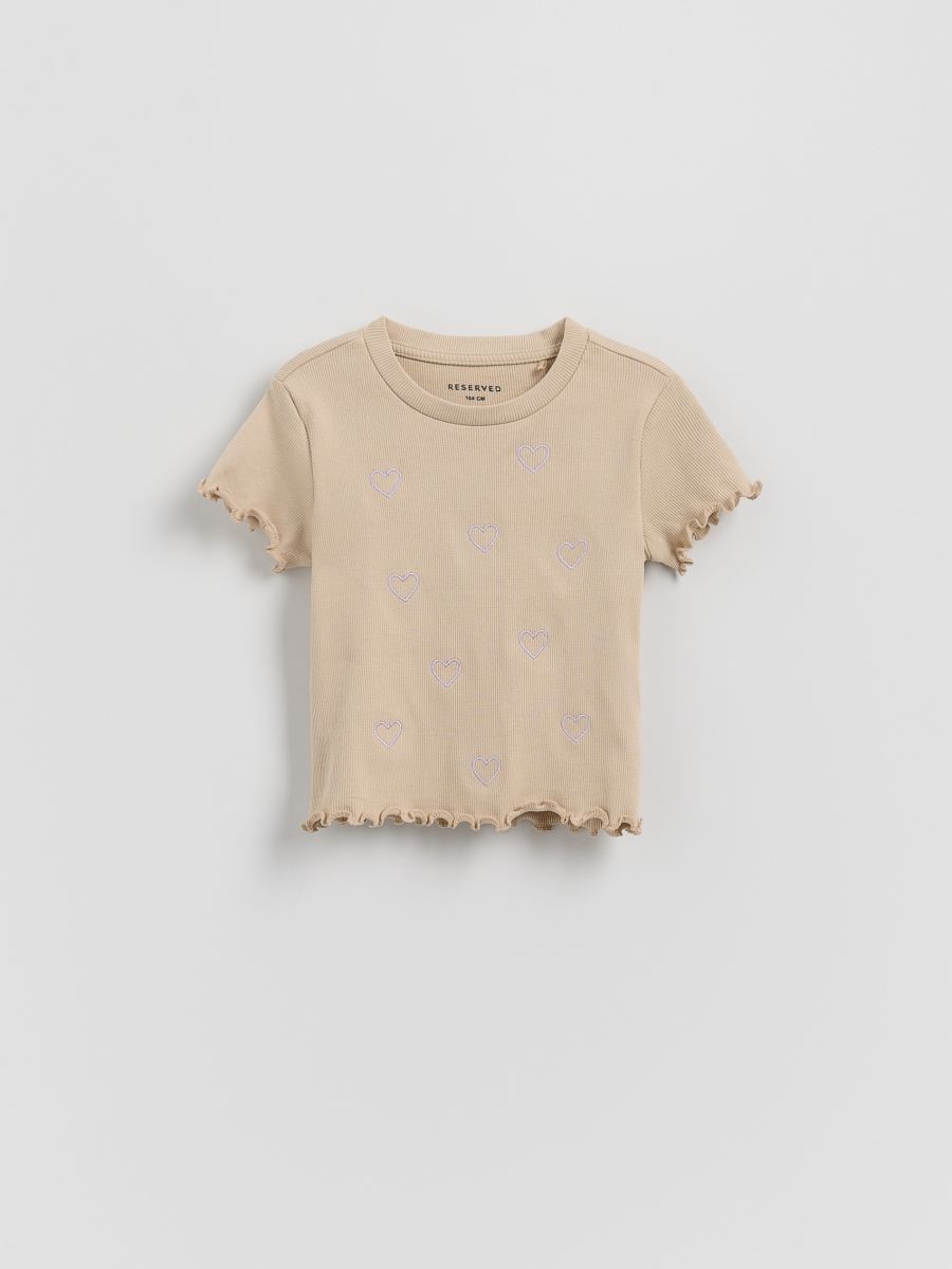 Rib knit T-shirt with embroidery detail - beige - RESERVED