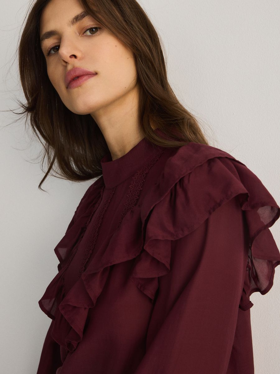 Viscose blouse with ruffle detail - burgundy - RESERVED - 2