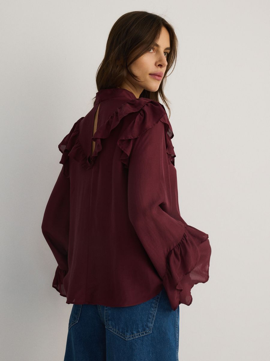Viscose blouse with ruffle detail - burgundy - RESERVED - 4