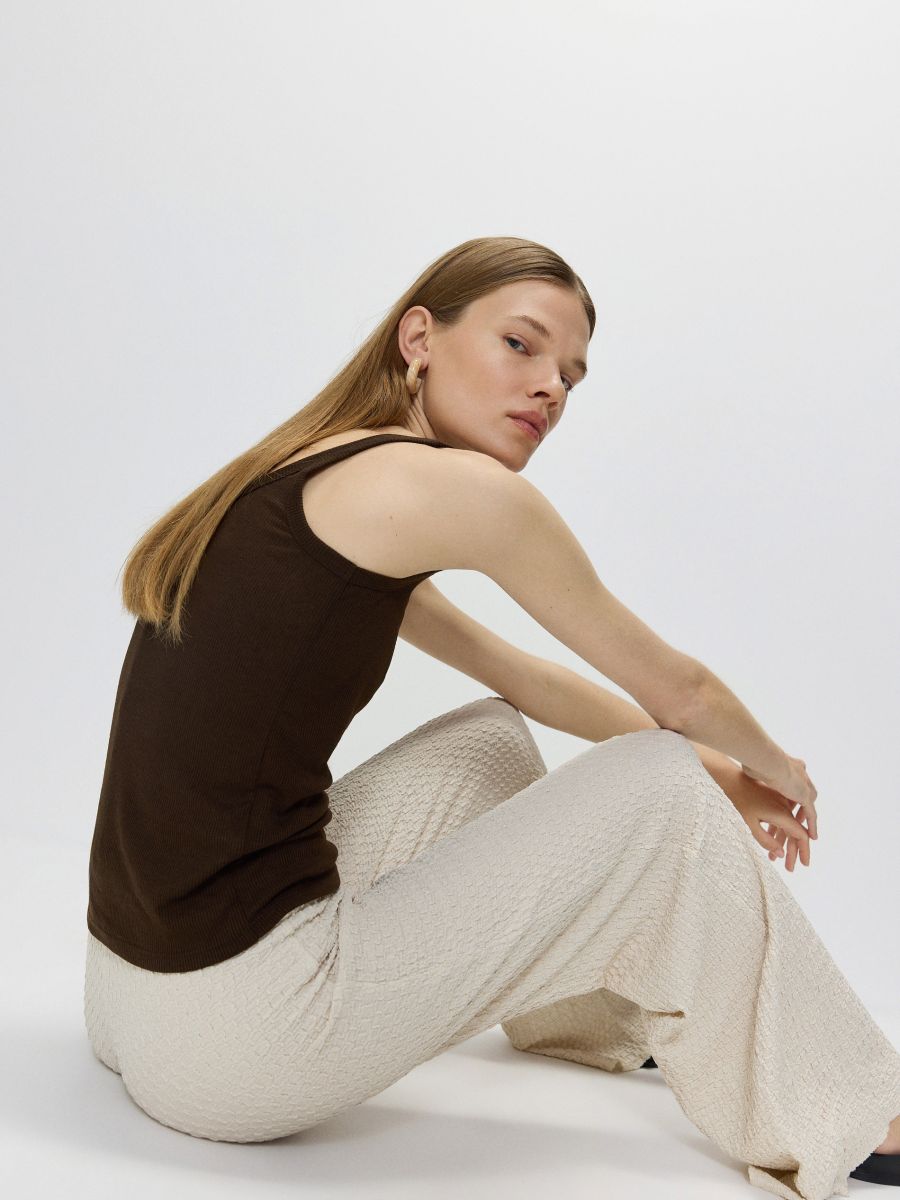Rib knit top with linen blend - dark brown - RESERVED - 3