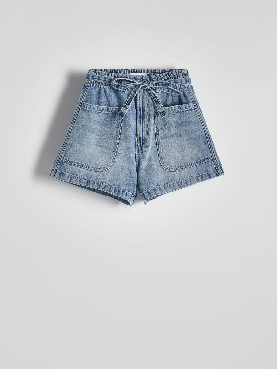 Denim mom fit shorts with tie belt Color blue RESERVED 552BG 50J