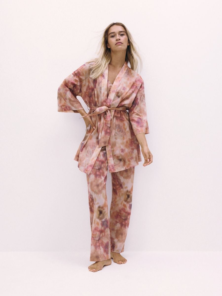 Patterned dressing gown with belt - peach - RESERVED - 2