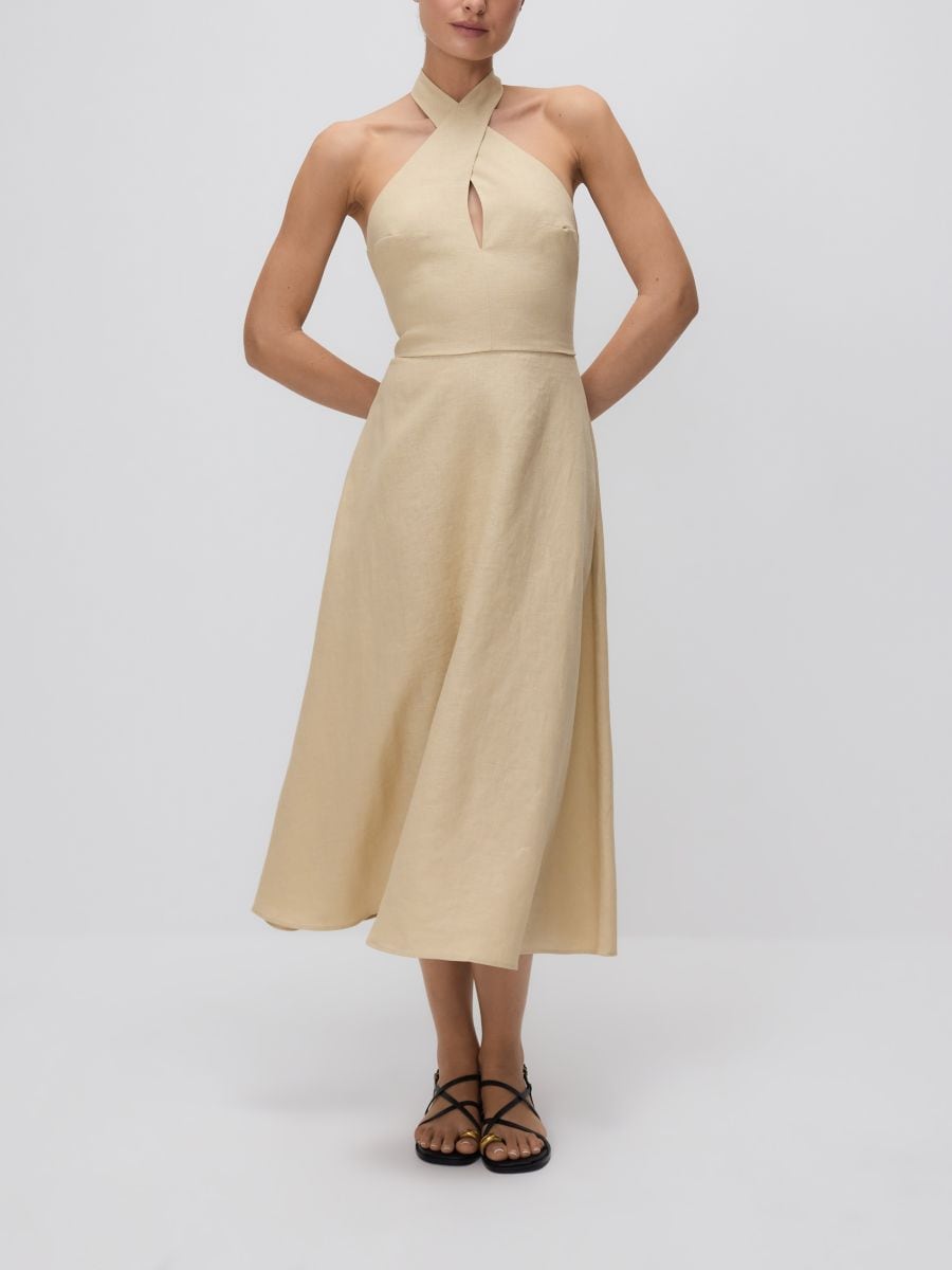 Linnedkjole med bindebånd - beige - RESERVED - 4