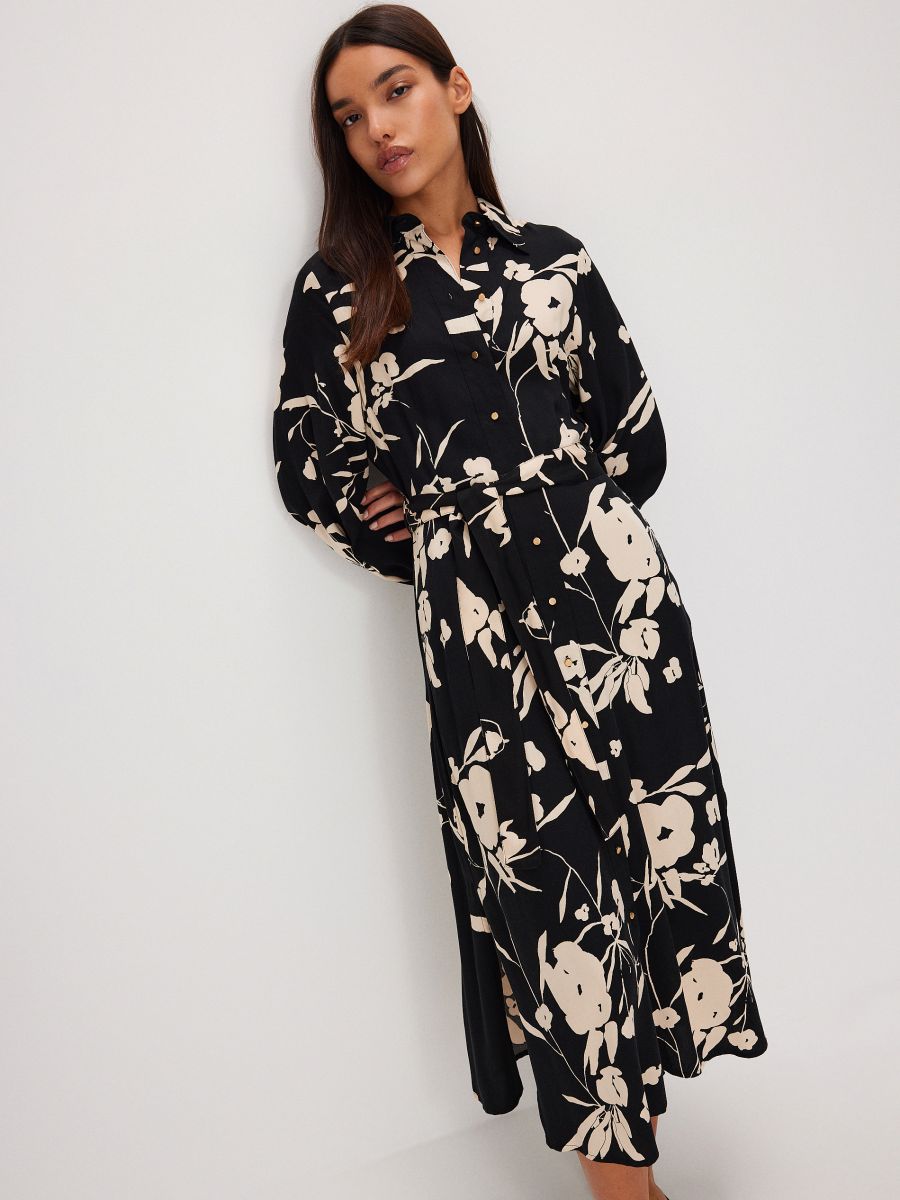 Blumiges Hemdkleid - schwarz - RESERVED - 3