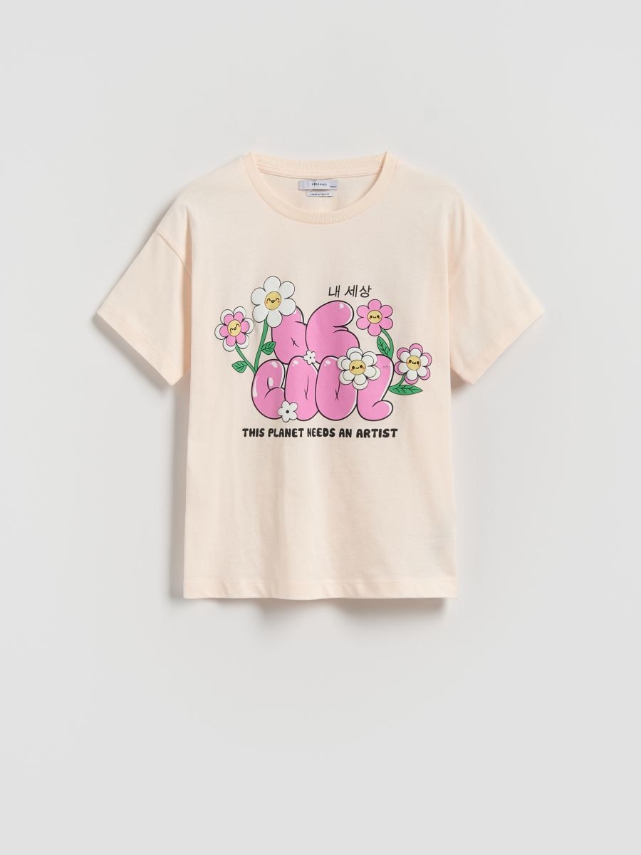 Luźny t-shirt z nadrukiem - kremowy - RESERVED