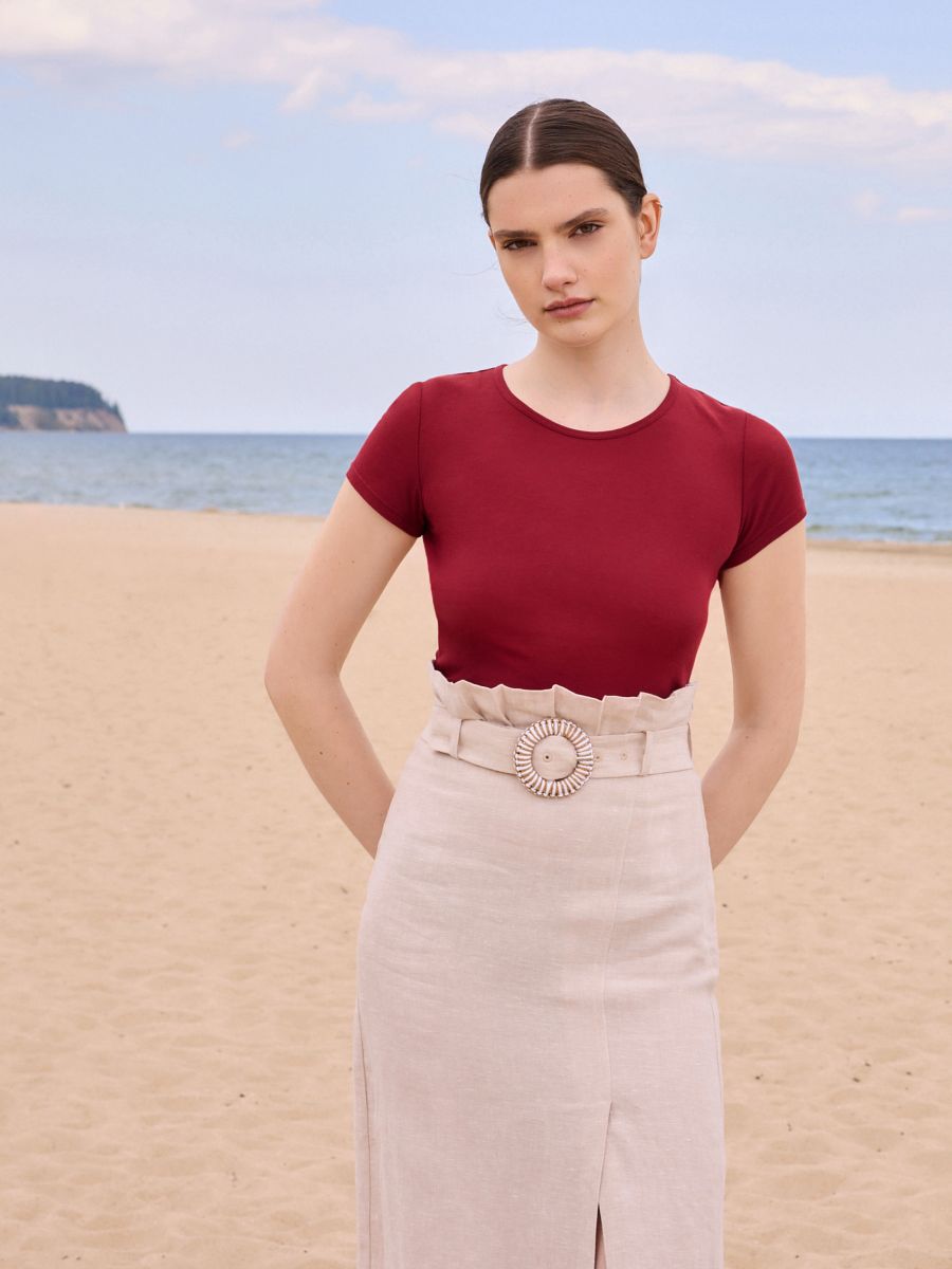 Linen skirt with belt - beige - RESERVED