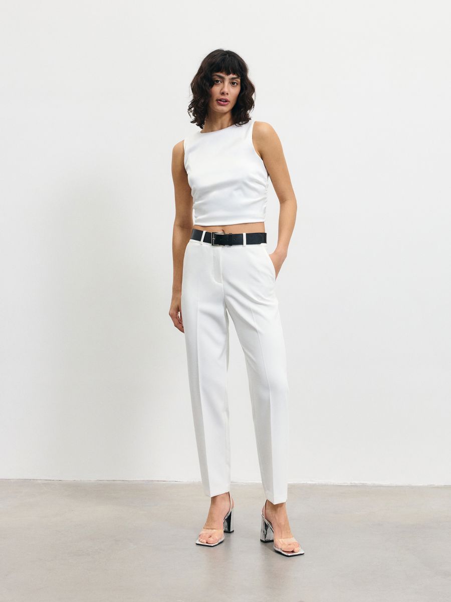 Trousers with tie waist belt - white - RESERVED