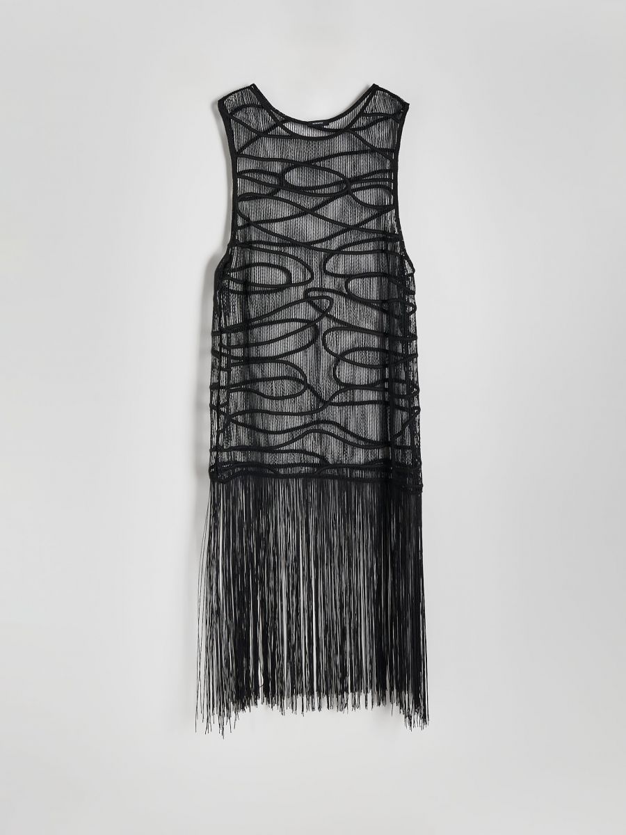 Maxi beach cover-up with fringes - black - RESERVED