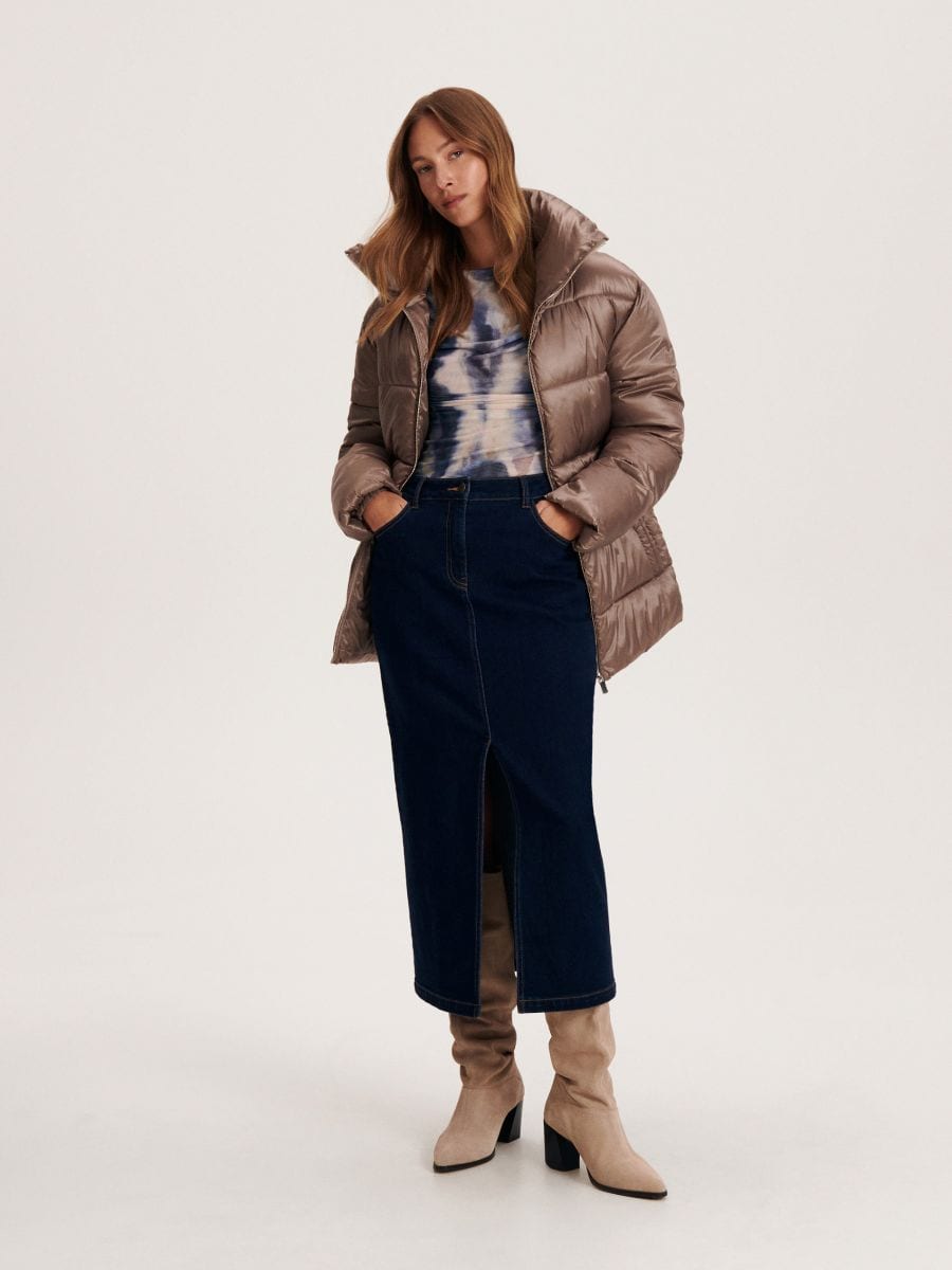 Jacket with high stand up collar - beige - RESERVED - 3