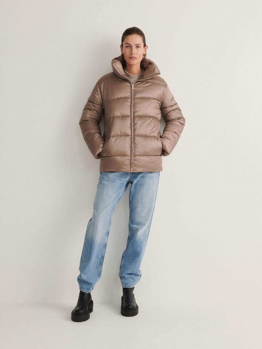 Jacket with high stand up collar - beige - RESERVED - 2