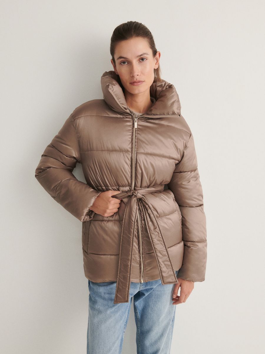 Jacket with high stand up collar - beige - RESERVED - 4