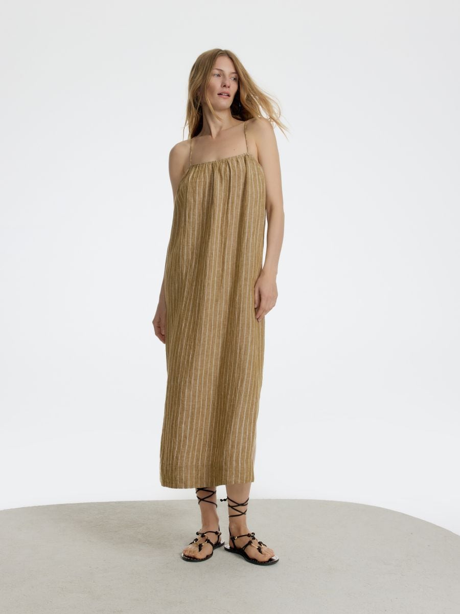 Rochie în dungi din in - verde-oliv cald - RESERVED