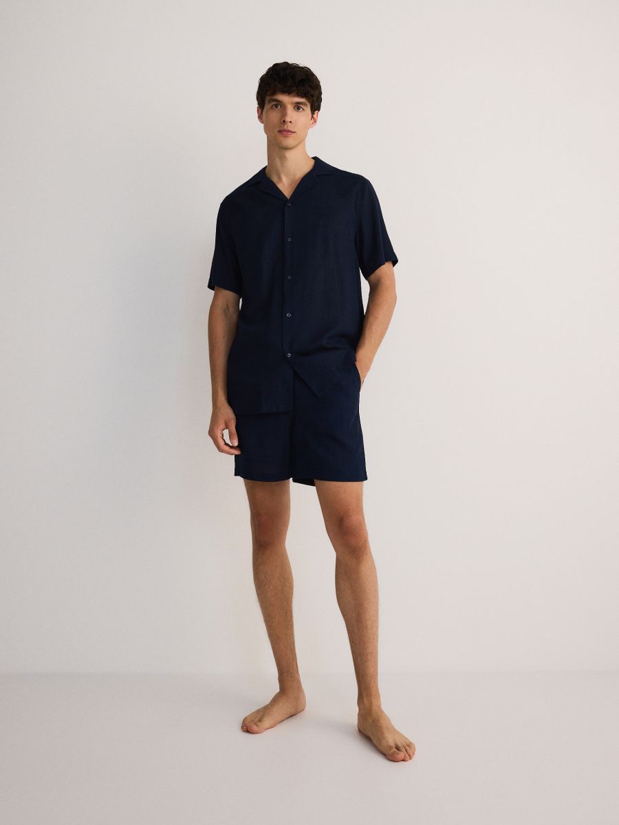 Two piece pyjama set with linen blend - navy - RESERVED