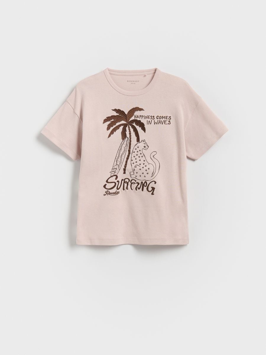 T-shirt z haftem i cekinami - pastelowy róż - RESERVED