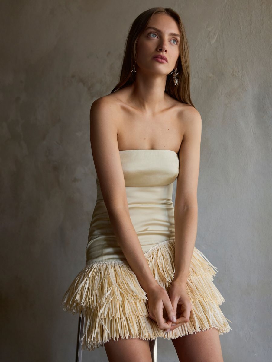 Bandeau dress with fringes - nude - RESERVED