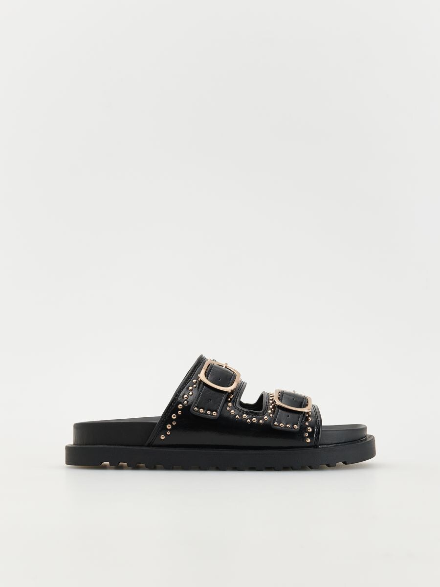 Leather sliders with buckles - black - RESERVED