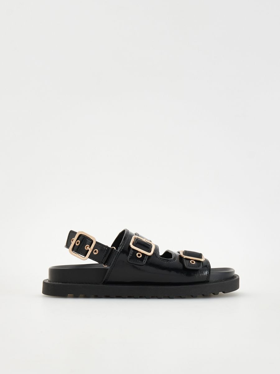 Leder-Sandalen mit Schnallen - schwarz - RESERVED